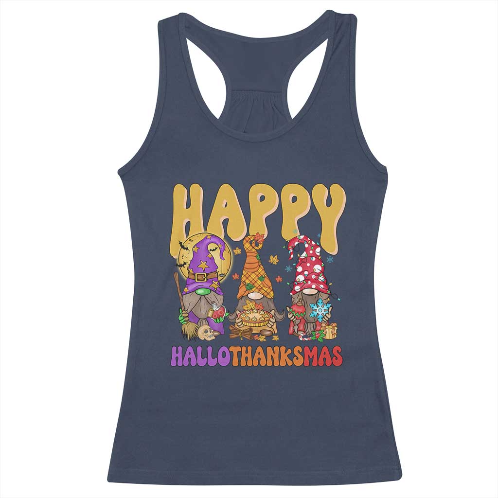 Happy HalloThanksMas Gnomes Racerback Tank Top Halloween Thanksgiving Christmas TS02 Navy Print Your Wear