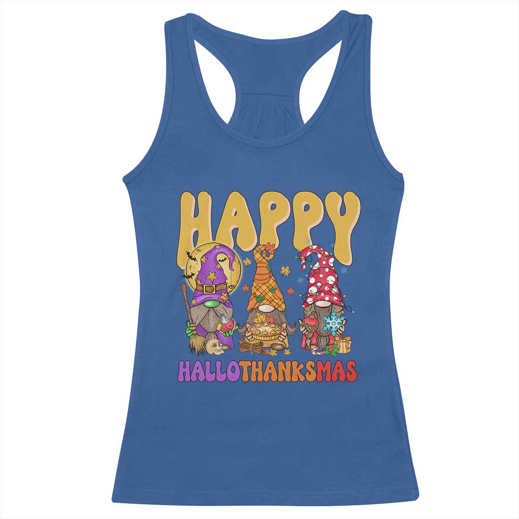 Happy HalloThanksMas Gnomes Racerback Tank Top Halloween Thanksgiving Christmas TS02 Royal Blue Print Your Wear