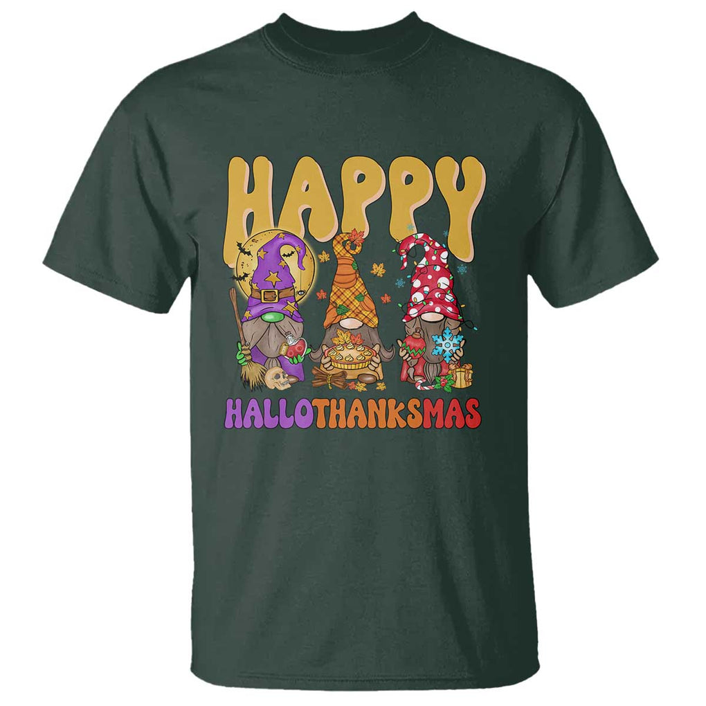 Happy HalloThanksMas Gnomes T Shirt Halloween Thanksgiving Christmas TS02 Dark Forest Green Print Your Wear