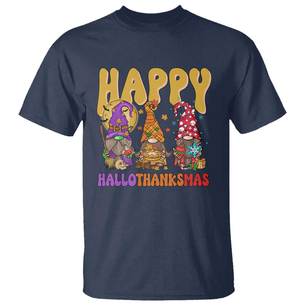 Happy HalloThanksMas Gnomes T Shirt Halloween Thanksgiving Christmas TS02 Navy Print Your Wear