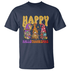 Happy HalloThanksMas Gnomes T Shirt Halloween Thanksgiving Christmas TS02 Navy Print Your Wear