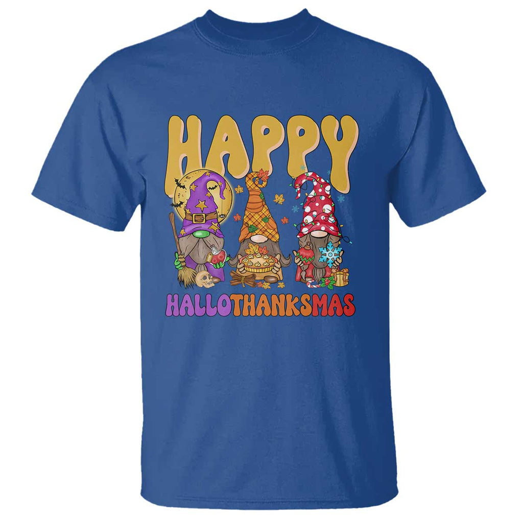 Happy HalloThanksMas Gnomes T Shirt Halloween Thanksgiving Christmas TS02 Royal Blue Print Your Wear