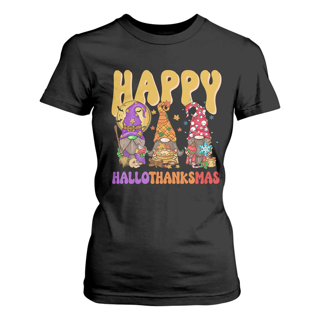 Happy HalloThanksMas Gnomes T Shirt For Women Halloween Thanksgiving Christmas TS02 Black Print Your Wear