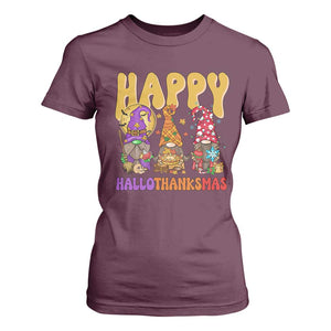 Happy HalloThanksMas Gnomes T Shirt For Women Halloween Thanksgiving Christmas TS02 Maroon Print Your Wear