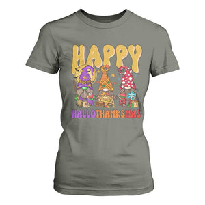 Happy HalloThanksMas Gnomes T Shirt For Women Halloween Thanksgiving Christmas TS02 Military Green Print Your Wear