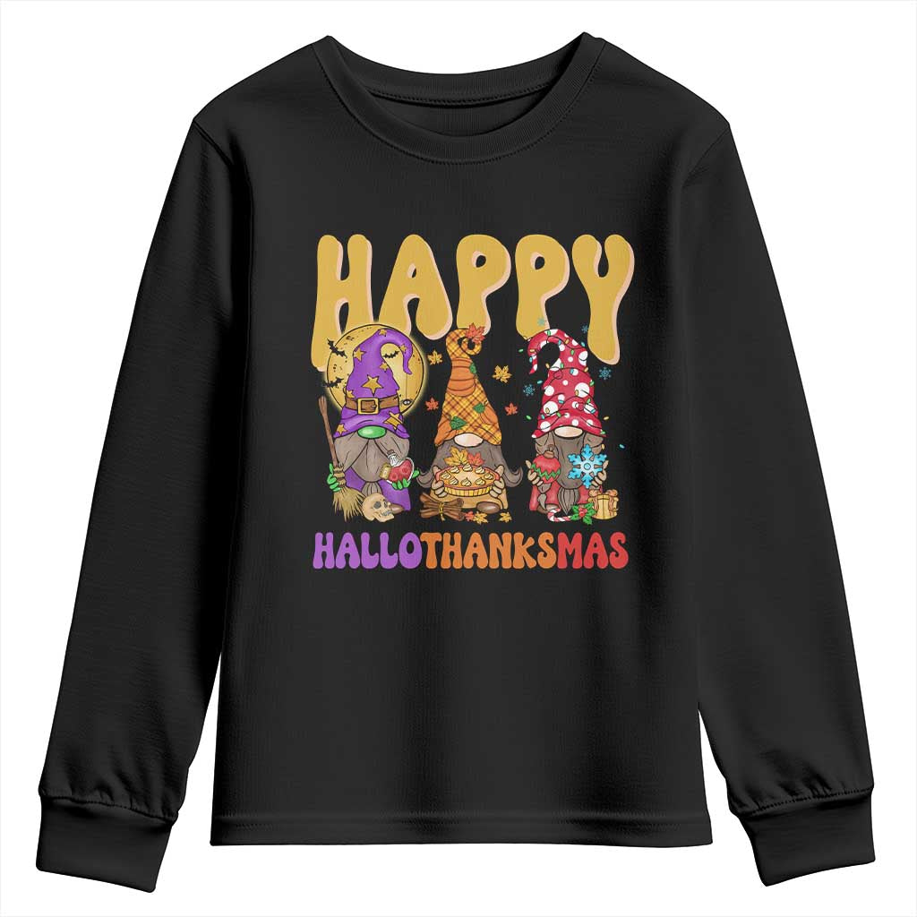 Happy HalloThanksMas Gnomes Youth Sweatshirt Halloween Thanksgiving Christmas TS02 Black Print Your Wear