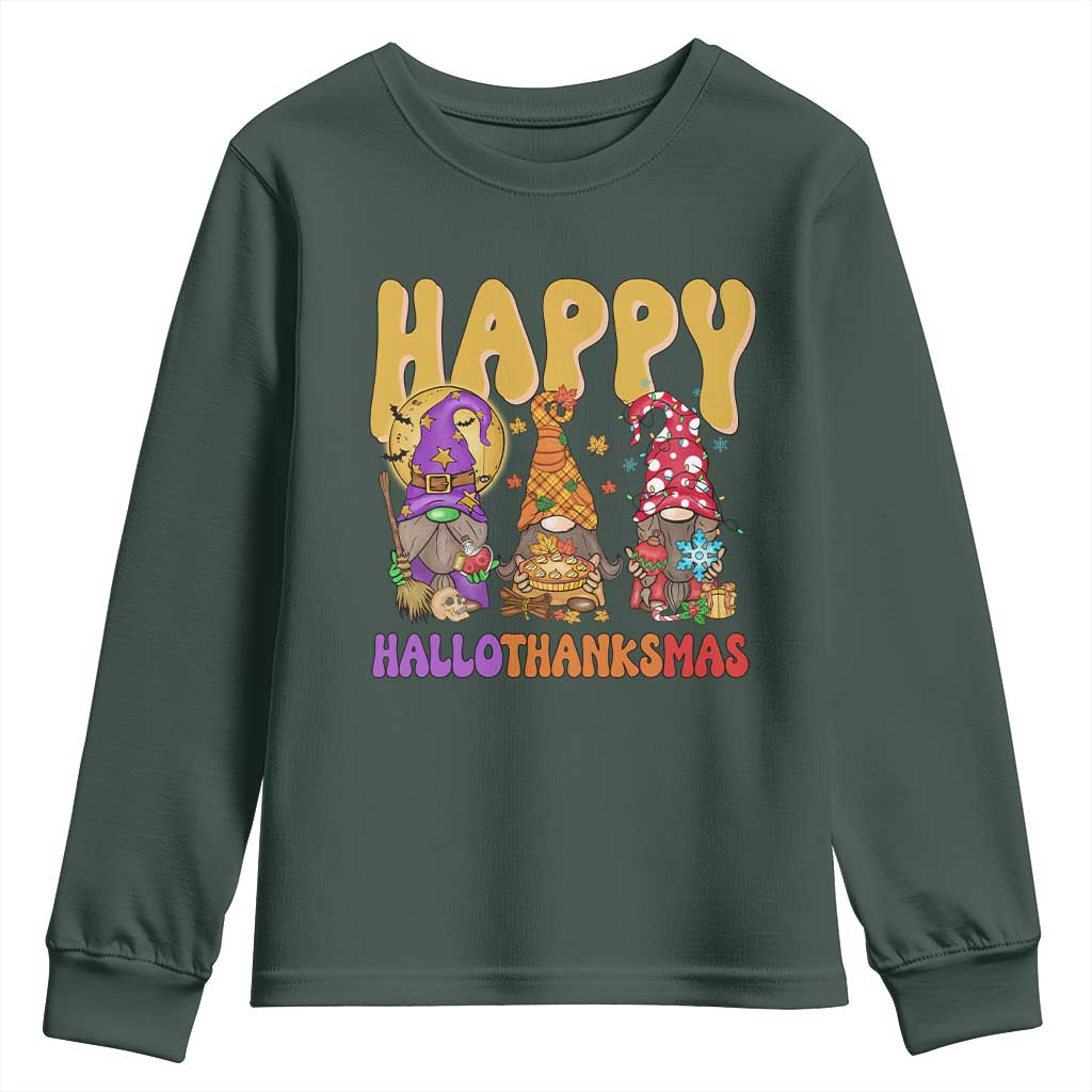 Happy HalloThanksMas Gnomes Youth Sweatshirt Halloween Thanksgiving Christmas TS02 Dark Forest Green Print Your Wear