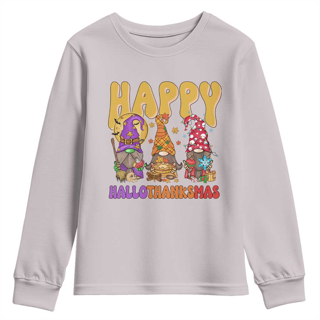 Happy HalloThanksMas Gnomes Youth Sweatshirt Halloween Thanksgiving Christmas TS02 Ice Gray Print Your Wear