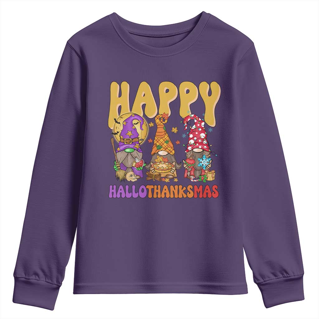 Happy HalloThanksMas Gnomes Youth Sweatshirt Halloween Thanksgiving Christmas TS02 Purple Print Your Wear