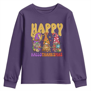 Happy HalloThanksMas Gnomes Youth Sweatshirt Halloween Thanksgiving Christmas TS02 Purple Print Your Wear