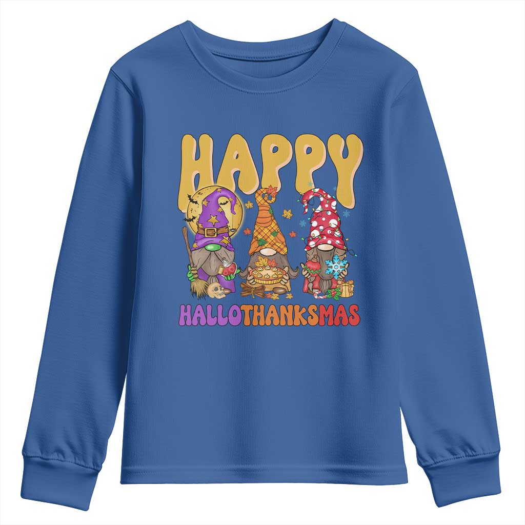 Happy HalloThanksMas Gnomes Youth Sweatshirt Halloween Thanksgiving Christmas TS02 Royal Blue Print Your Wear