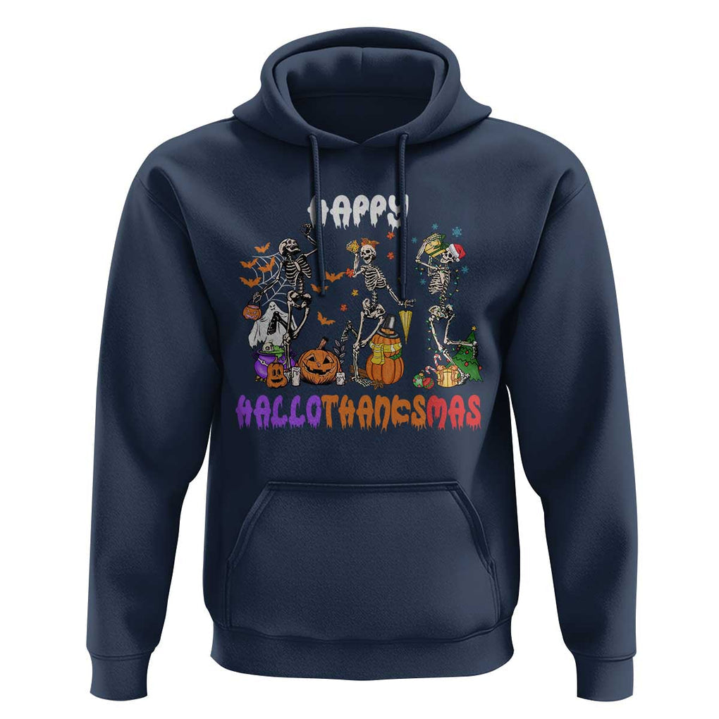 HalloThanksMas Skeleton Hoodie Halloween Thanksgiving Christmas TS02 Navy Print Your Wear