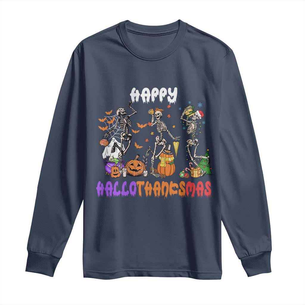 Happy HalloThanksMas Skeleton Long Sleeve Shirt Halloween Thanksgiving Christmas TS02 Navy Print Your Wear