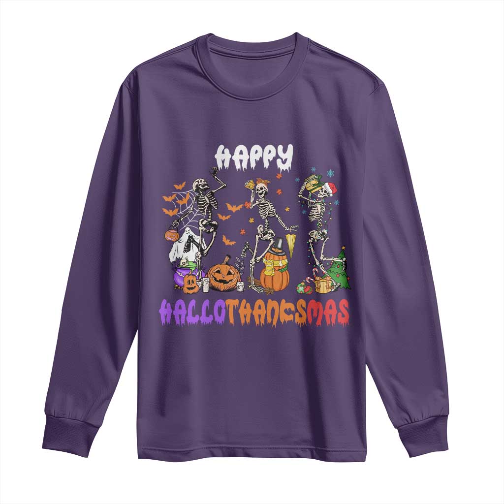 Happy HalloThanksMas Skeleton Long Sleeve Shirt Halloween Thanksgiving Christmas TS02 Purple Print Your Wear