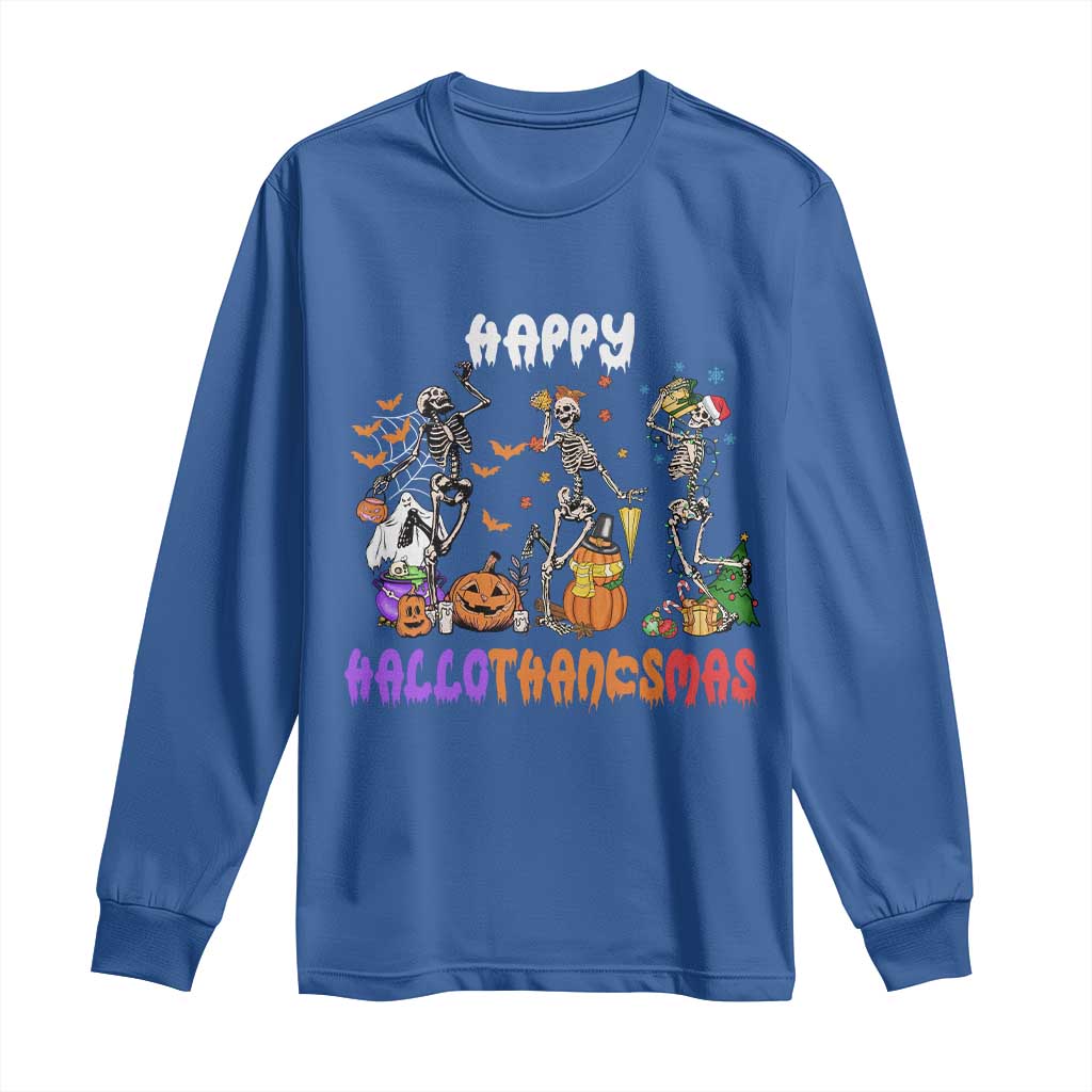 Happy HalloThanksMas Skeleton Long Sleeve Shirt Halloween Thanksgiving Christmas TS02 Royal Blue Print Your Wear