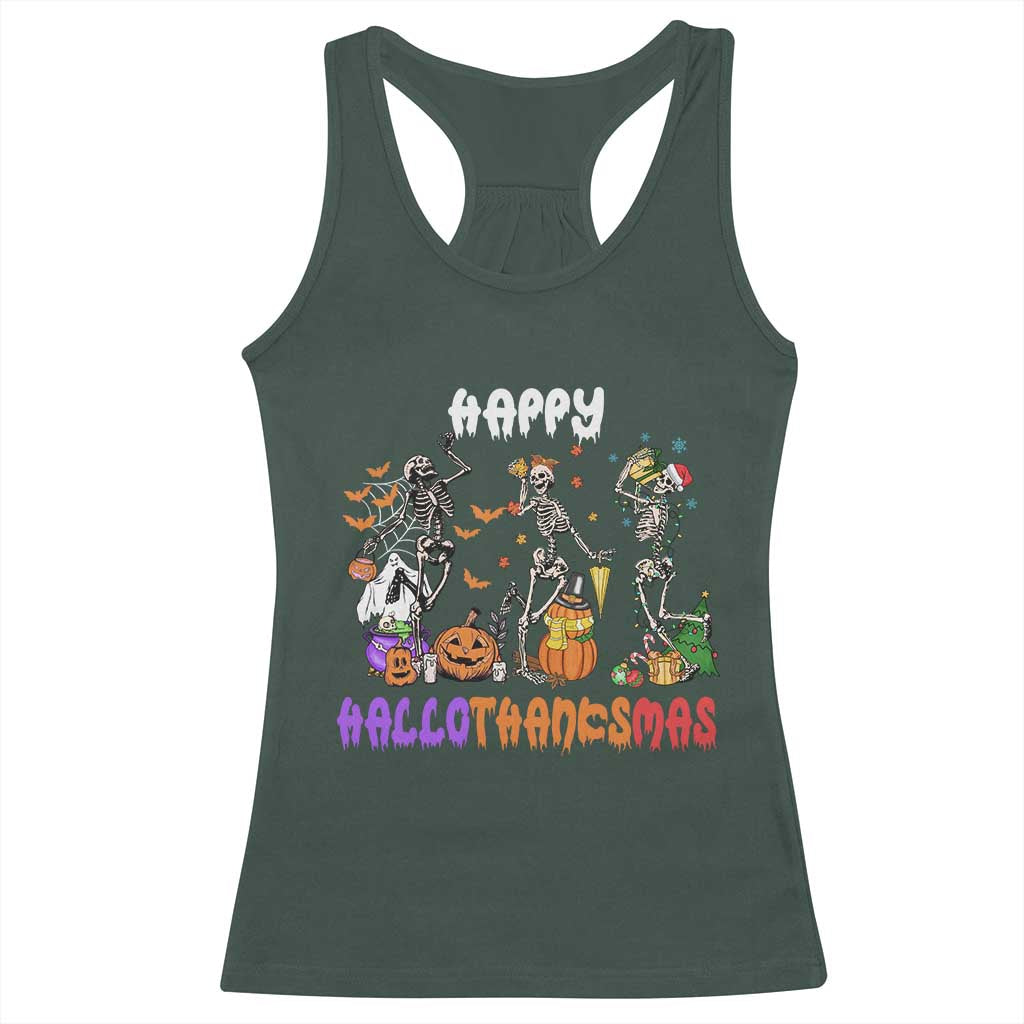 Happy HalloThanksMas Skeleton Racerback Tank Top Halloween Thanksgiving Christmas TS02 Dark Forest Green Print Your Wear