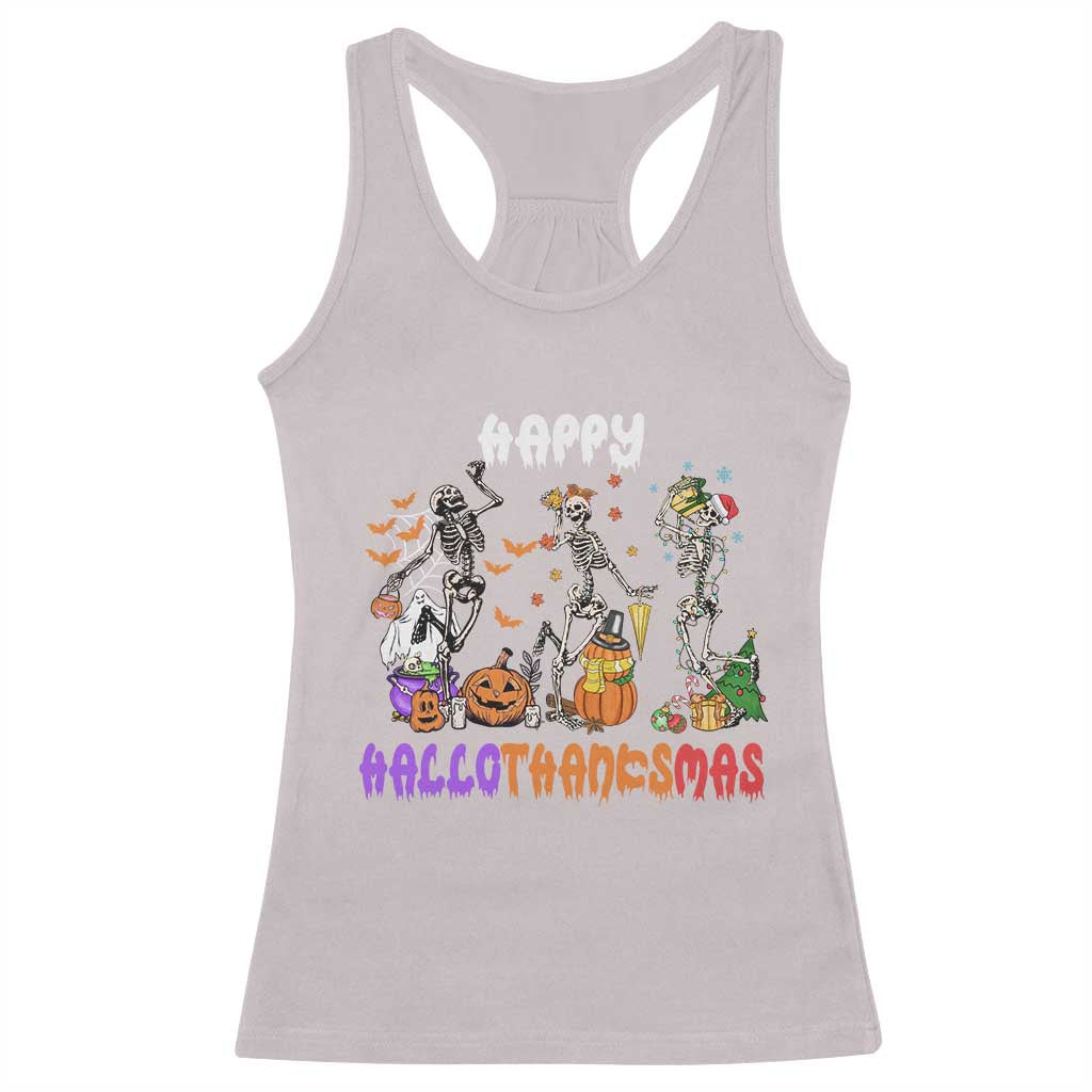 Happy HalloThanksMas Skeleton Racerback Tank Top Halloween Thanksgiving Christmas TS02 Ice Gray Print Your Wear