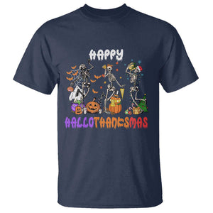 HalloThanksMas Skeleton T Shirt Halloween Thanksgiving Christmas TS02 Navy Print Your Wear