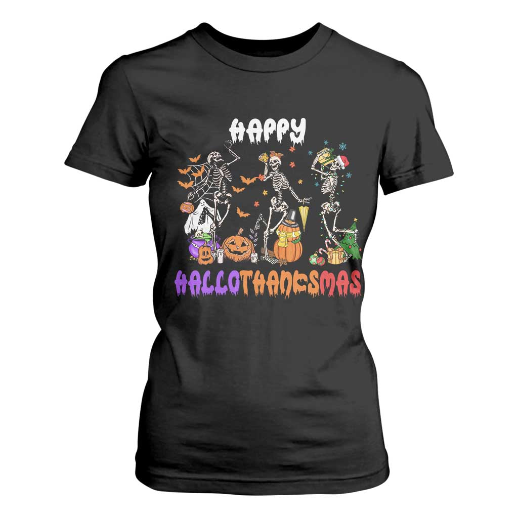 Happy HalloThanksMas Skeleton T Shirt For Women Halloween Thanksgiving Christmas TS02 Black Print Your Wear