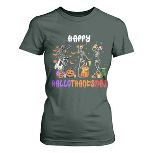 Happy HalloThanksMas Skeleton T Shirt For Women Halloween Thanksgiving Christmas TS02 Dark Forest Green Print Your Wear