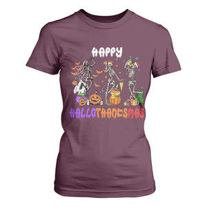 Happy HalloThanksMas Skeleton T Shirt For Women Halloween Thanksgiving Christmas TS02 Maroon Print Your Wear