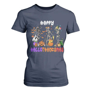 Happy HalloThanksMas Skeleton T Shirt For Women Halloween Thanksgiving Christmas TS02 Navy Print Your Wear