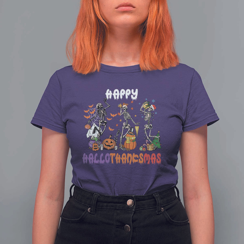 HalloThanksMas Skeleton T Shirt For Women Halloween Thanksgiving Christmas TS02 Purple Print Your Wear