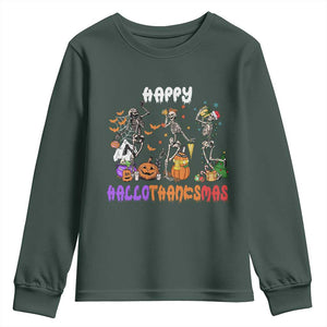 Happy HalloThanksMas Skeleton Youth Sweatshirt Halloween Thanksgiving Christmas TS02 Dark Forest Green Print Your Wear
