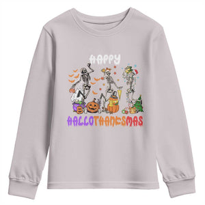 Happy HalloThanksMas Skeleton Youth Sweatshirt Halloween Thanksgiving Christmas TS02 Ice Gray Print Your Wear
