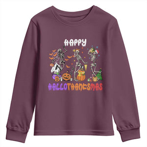 Happy HalloThanksMas Skeleton Youth Sweatshirt Halloween Thanksgiving Christmas TS02 Maroon Print Your Wear