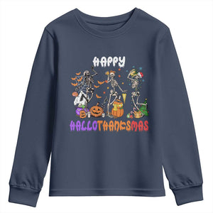 Happy HalloThanksMas Skeleton Youth Sweatshirt Halloween Thanksgiving Christmas TS02 Navy Print Your Wear