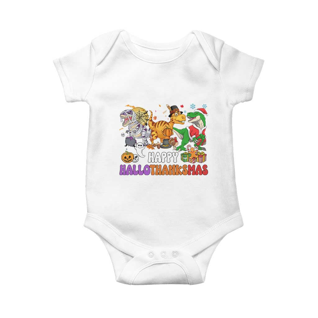 Happy HalloThanksMas Dinosaur Baby Onesie Halloween Thanksgiving Christmas TS02 White Print Your Wear