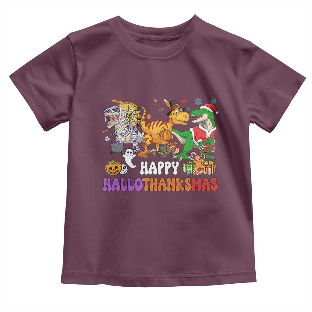 Happy HalloThanksMas Dinosaur Baby Shirt Halloween Thanksgiving Christmas TS02 Maroon Print Your Wear
