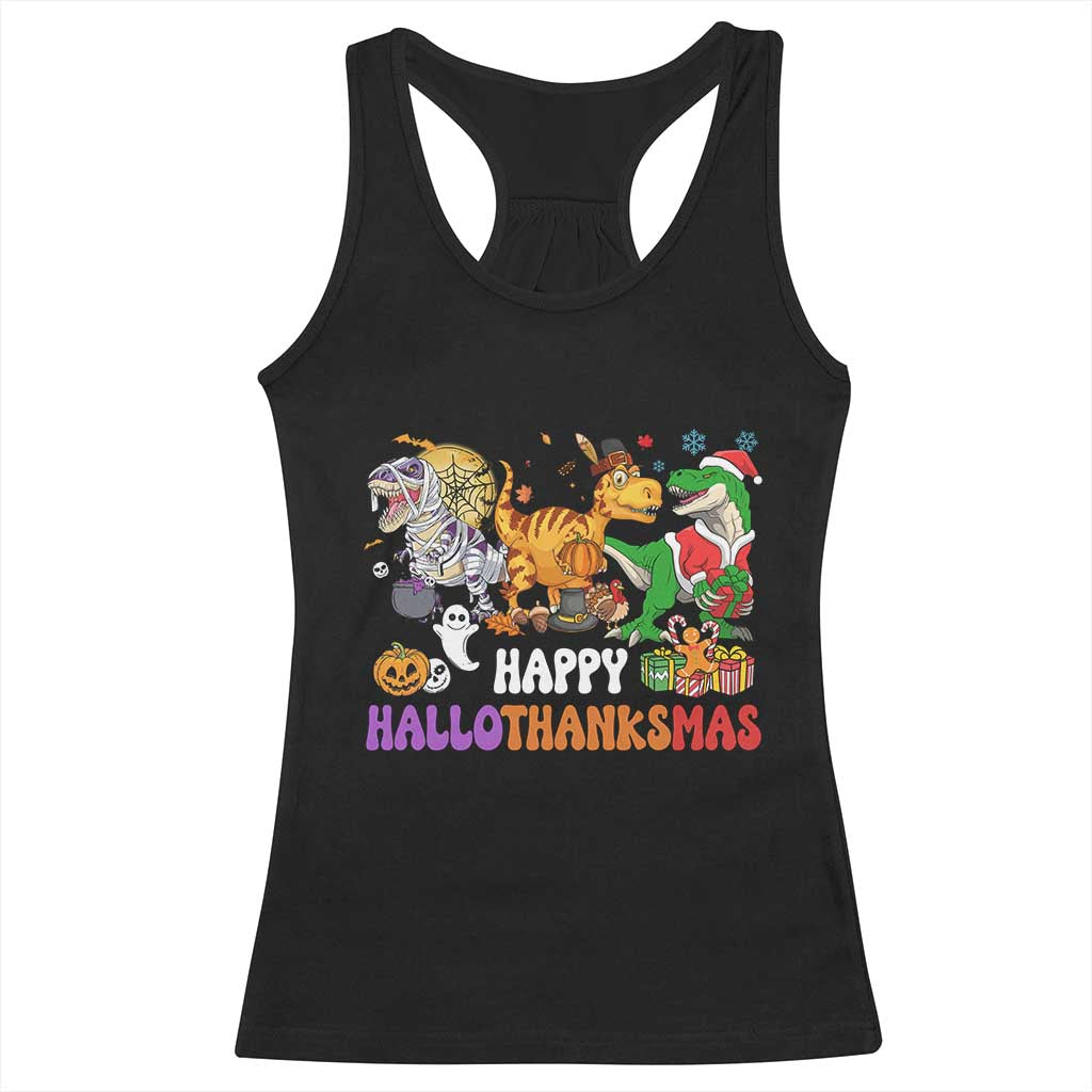 Happy HalloThanksMas Dinosaur Racerback Tank Top Halloween Thanksgiving Christmas TS02 Black Print Your Wear