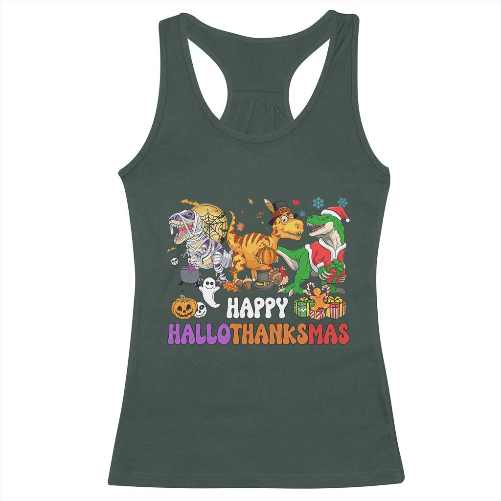 Happy HalloThanksMas Dinosaur Racerback Tank Top Halloween Thanksgiving Christmas TS02 Dark Forest Green Print Your Wear
