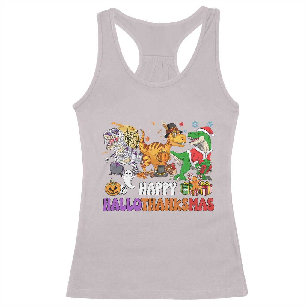 Happy HalloThanksMas Dinosaur Racerback Tank Top Halloween Thanksgiving Christmas TS02 Ice Gray Print Your Wear