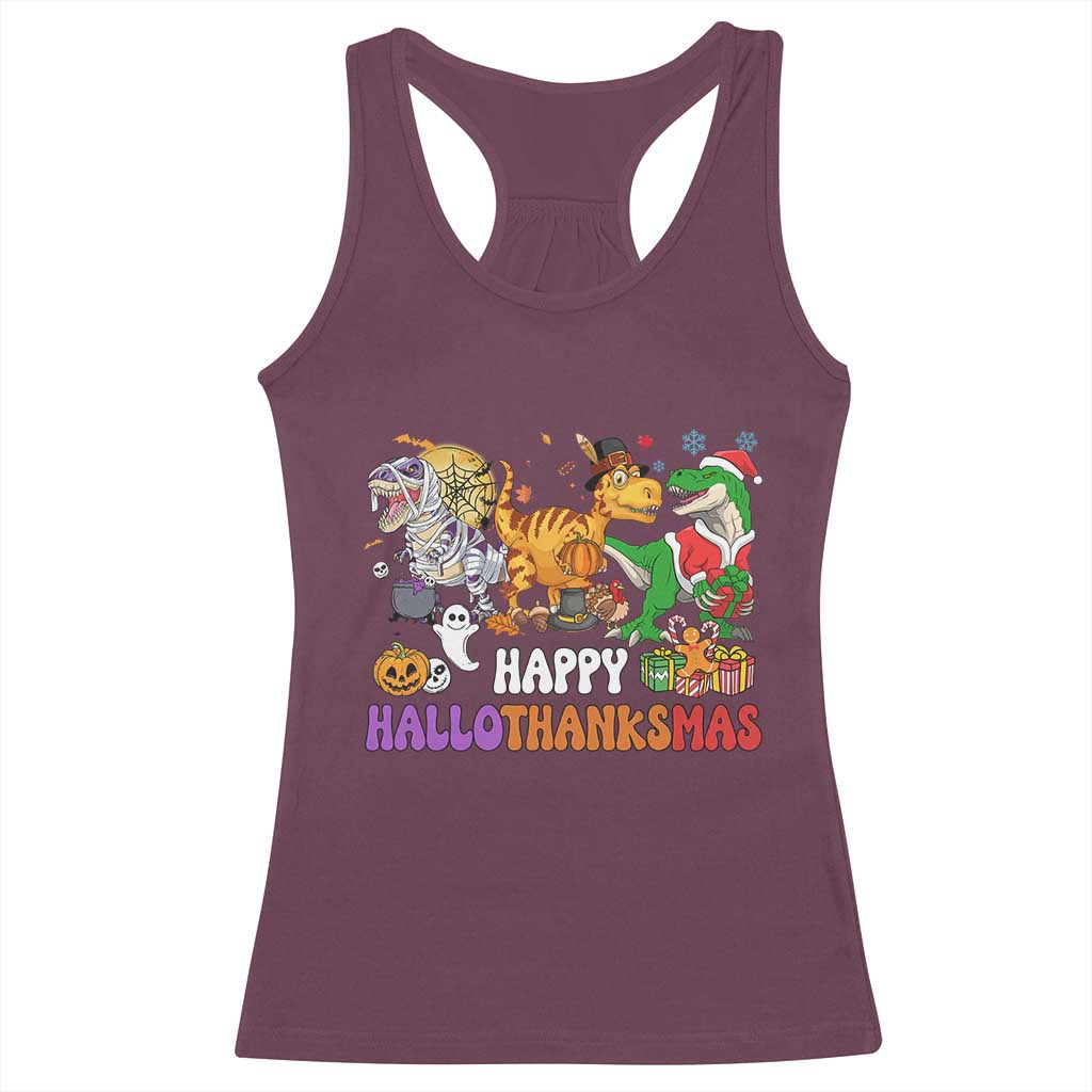 Happy HalloThanksMas Dinosaur Racerback Tank Top Halloween Thanksgiving Christmas TS02 Maroon Print Your Wear