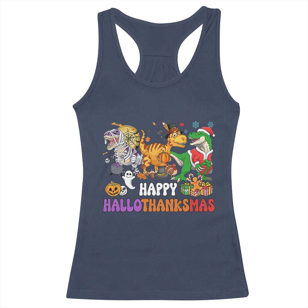 Happy HalloThanksMas Dinosaur Racerback Tank Top Halloween Thanksgiving Christmas TS02 Navy Print Your Wear