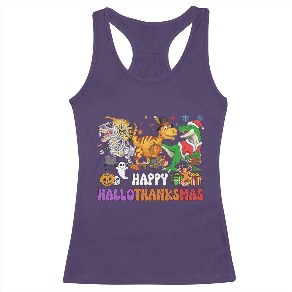 Happy HalloThanksMas Dinosaur Racerback Tank Top Halloween Thanksgiving Christmas TS02 Purple Print Your Wear
