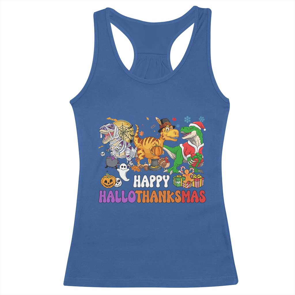 Happy HalloThanksMas Dinosaur Racerback Tank Top Halloween Thanksgiving Christmas TS02 Royal Blue Print Your Wear