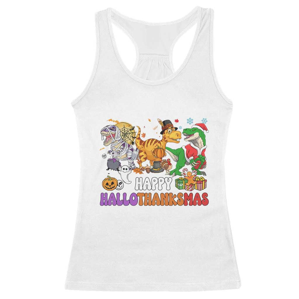 Happy HalloThanksMas Dinosaur Racerback Tank Top Halloween Thanksgiving Christmas TS02 White Print Your Wear