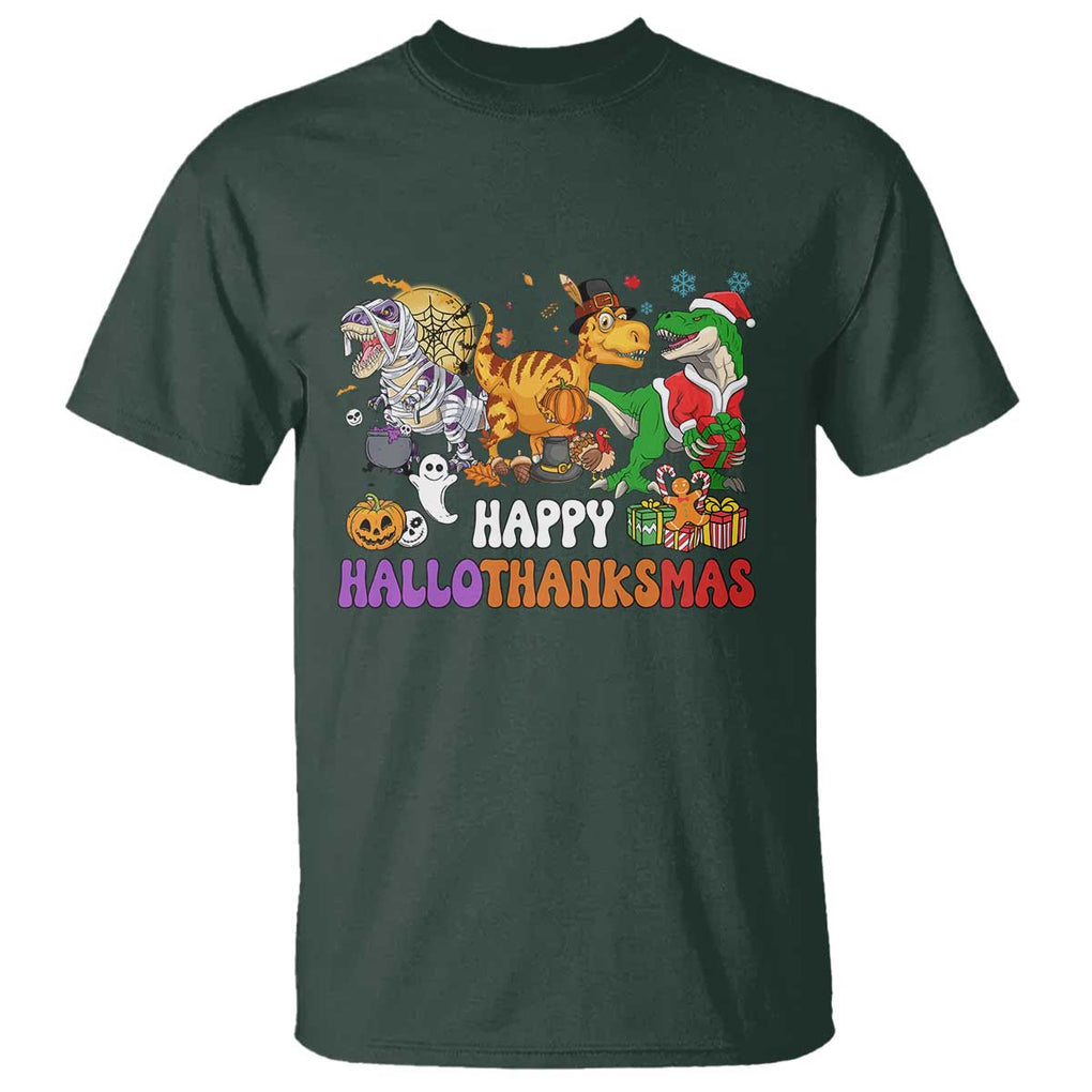HalloThanksMas Dinosaur T Shirt Halloween Thanksgiving Christmas TS02 Dark Forest Green Print Your Wear