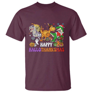 HalloThanksMas Dinosaur T Shirt Halloween Thanksgiving Christmas TS02 Maroon Print Your Wear