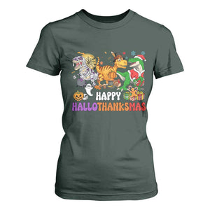 Happy HalloThanksMas Dinosaur T Shirt For Women Halloween Thanksgiving Christmas TS02 Dark Forest Green Print Your Wear