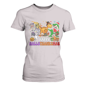 Happy HalloThanksMas Dinosaur T Shirt For Women Halloween Thanksgiving Christmas TS02 Ice Gray Print Your Wear