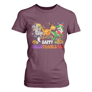 Happy HalloThanksMas Dinosaur T Shirt For Women Halloween Thanksgiving Christmas TS02 Maroon Print Your Wear