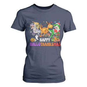 Happy HalloThanksMas Dinosaur T Shirt For Women Halloween Thanksgiving Christmas TS02 Navy Print Your Wear