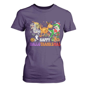 Happy HalloThanksMas Dinosaur T Shirt For Women Halloween Thanksgiving Christmas TS02 Purple Print Your Wear