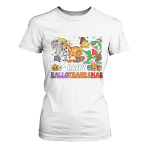 Happy HalloThanksMas Dinosaur T Shirt For Women Halloween Thanksgiving Christmas TS02 White Print Your Wear