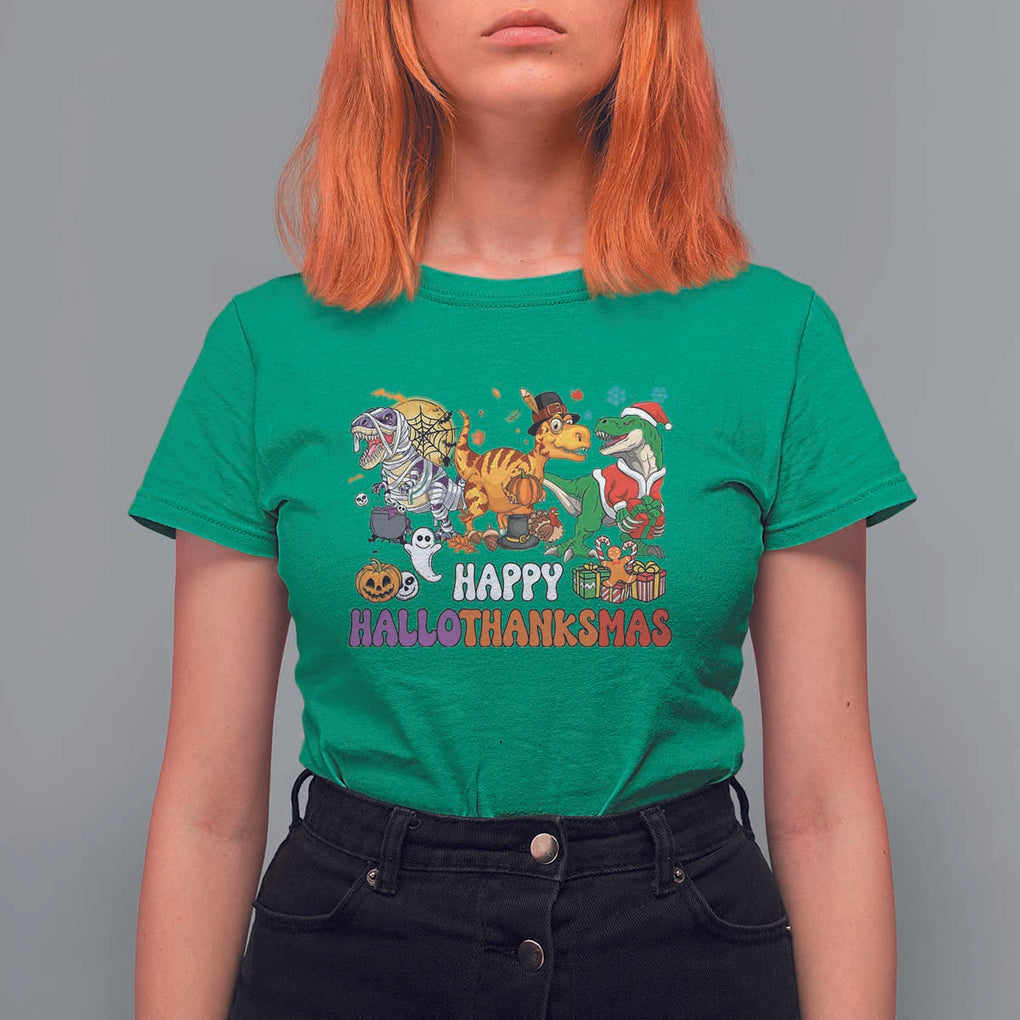 HalloThanksMas Dinosaur T Shirt For Women Halloween Thanksgiving Christmas TS02 Irish Green Print Your Wear